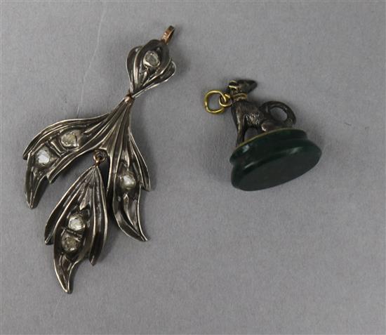An Antique rose diamond set silver and gold leaf pendant 5.5cm and a bloodstone pendant seal with dog final